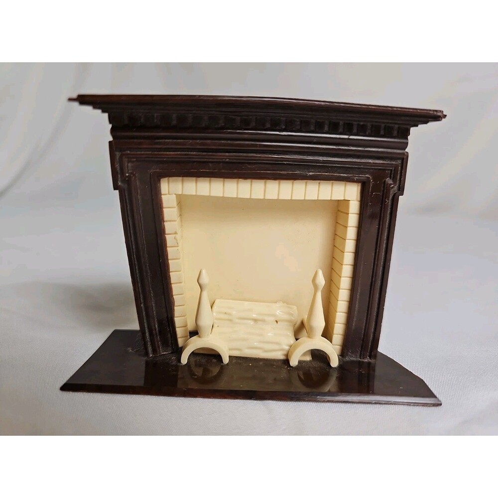 VTG Renwal Dollhouse Fireplace Mantel with Andirons Mid Century Miniature Brown